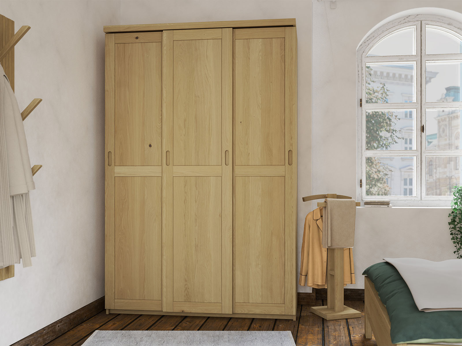 Schlafzimmer mit Schrank „Edelweiß" aus Eiche Hell, 3-türig schmal, Höhe 208 cm