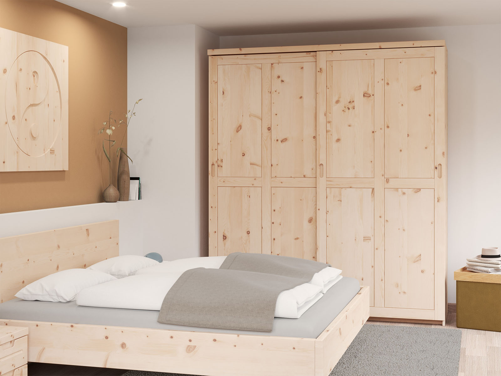 (Abb. in Zirbe) Schlafzimmer mit Schrank „Edelweiß", 2-türig breit, Höhe 233 cm