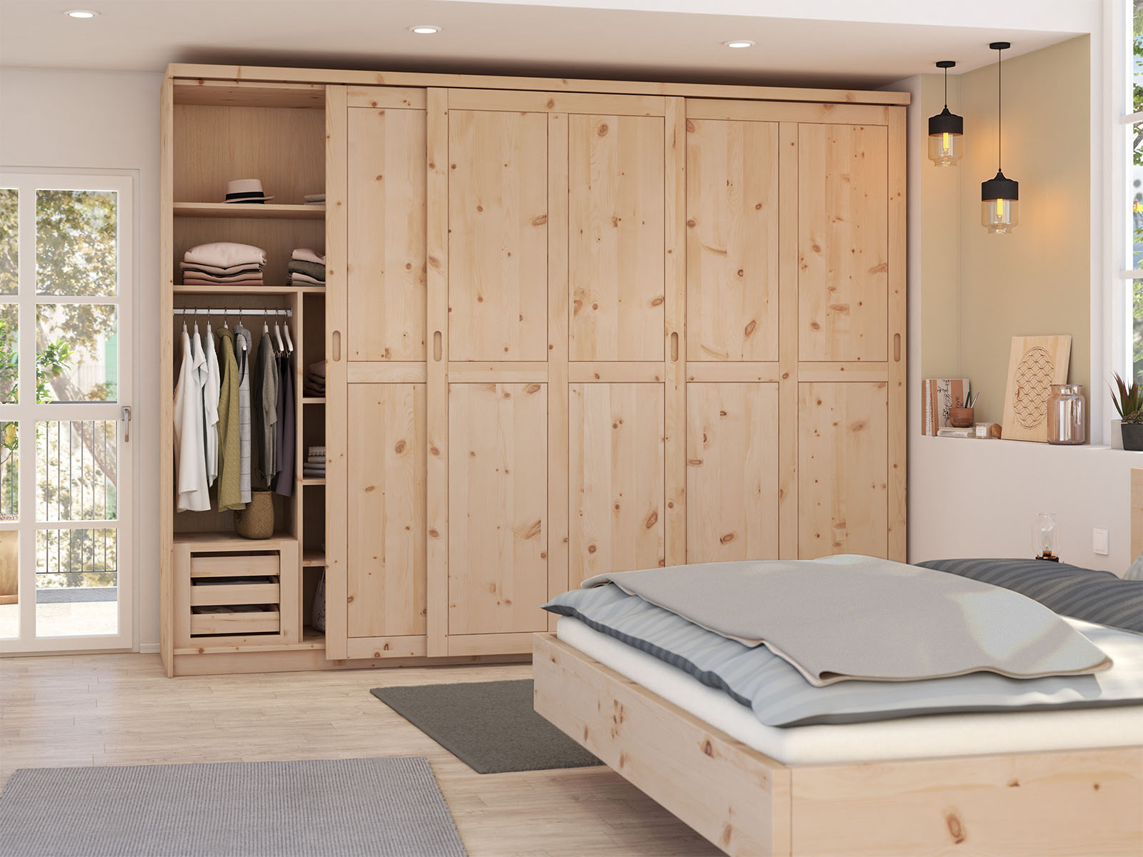 Zirbenschlafzimmer mit Zirbenschrank „Edelweiß", 3-türig breit, Höhe 233 cm