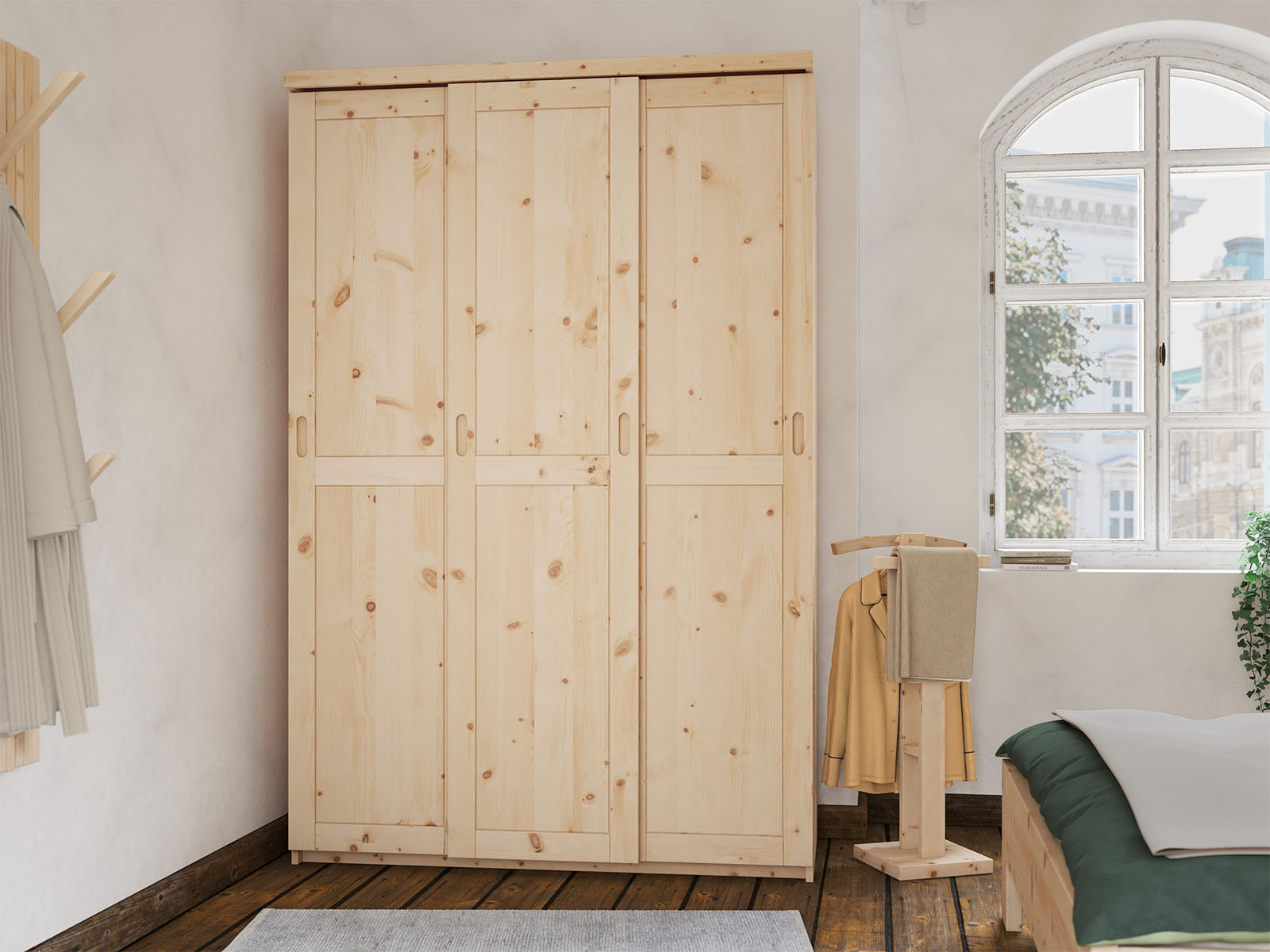 (Abb. in Zirbe) Schlafzimmer mit Schrank „Edelweiß", 3-türig schmal, Höhe 208 cm