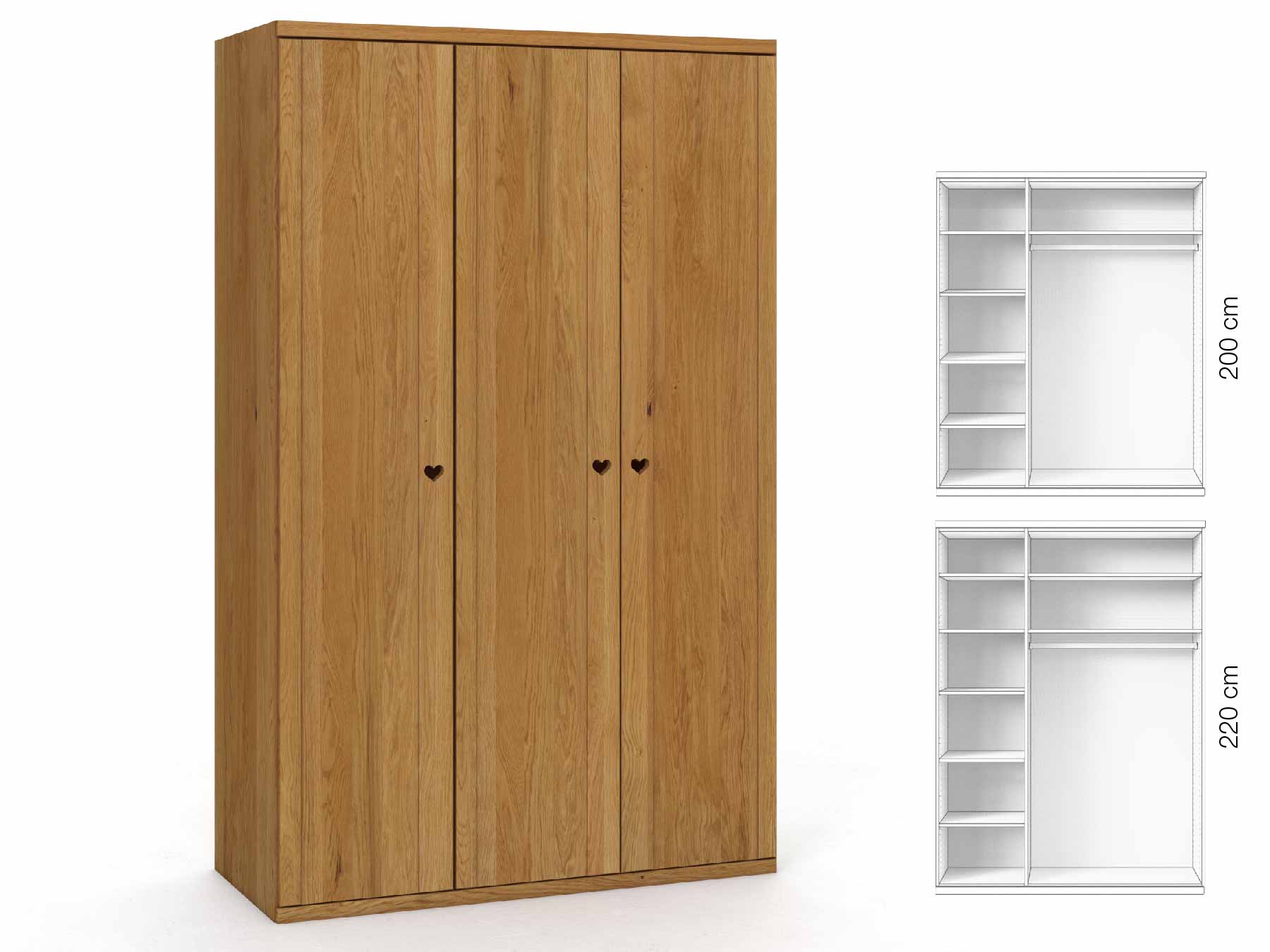 Eichenschrank „Egon“, 3-türig, Höhe 220 cm, Griffausführung „Heidi“, Inneneinrichtung: B