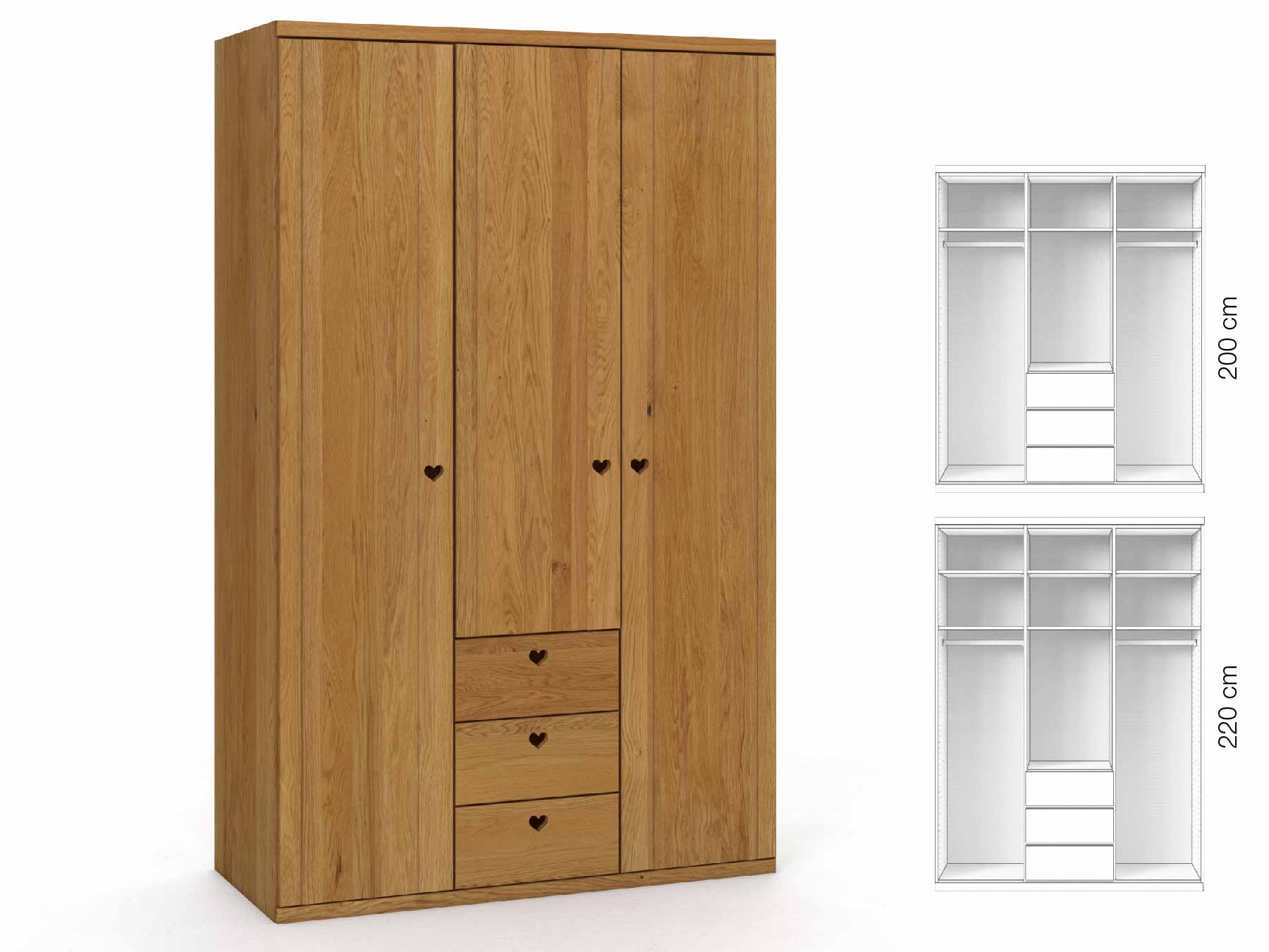 Eichenschrank „Egon“, 3-türig, Höhe 220 cm, Griffausführung „Heidi“, Inneneinrichtung: E