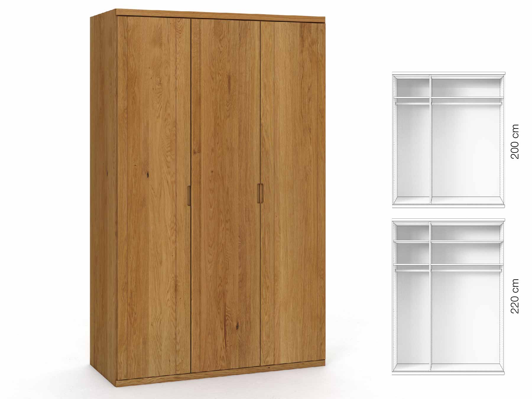 Eichenschrank „Egon“, 3-türig, Höhe 220 cm, Griffausführung „Lukas“, Inneneinrichtung: A