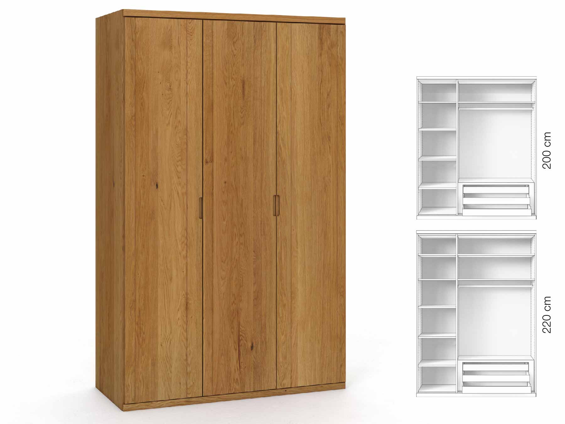 Eichenschrank „Egon“, 3-türig, Höhe 220 cm, Griffausführung „Lukas“, Inneneinrichtung: C