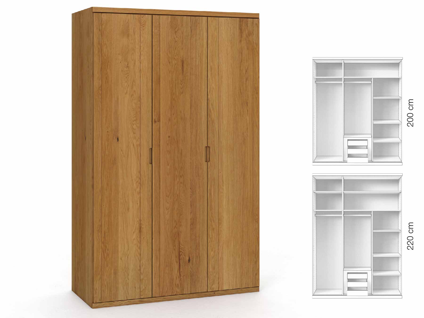 Eichenschrank „Egon“, 3-türig, Höhe 220 cm, Griffausführung „Lukas“, Inneneinrichtung: D