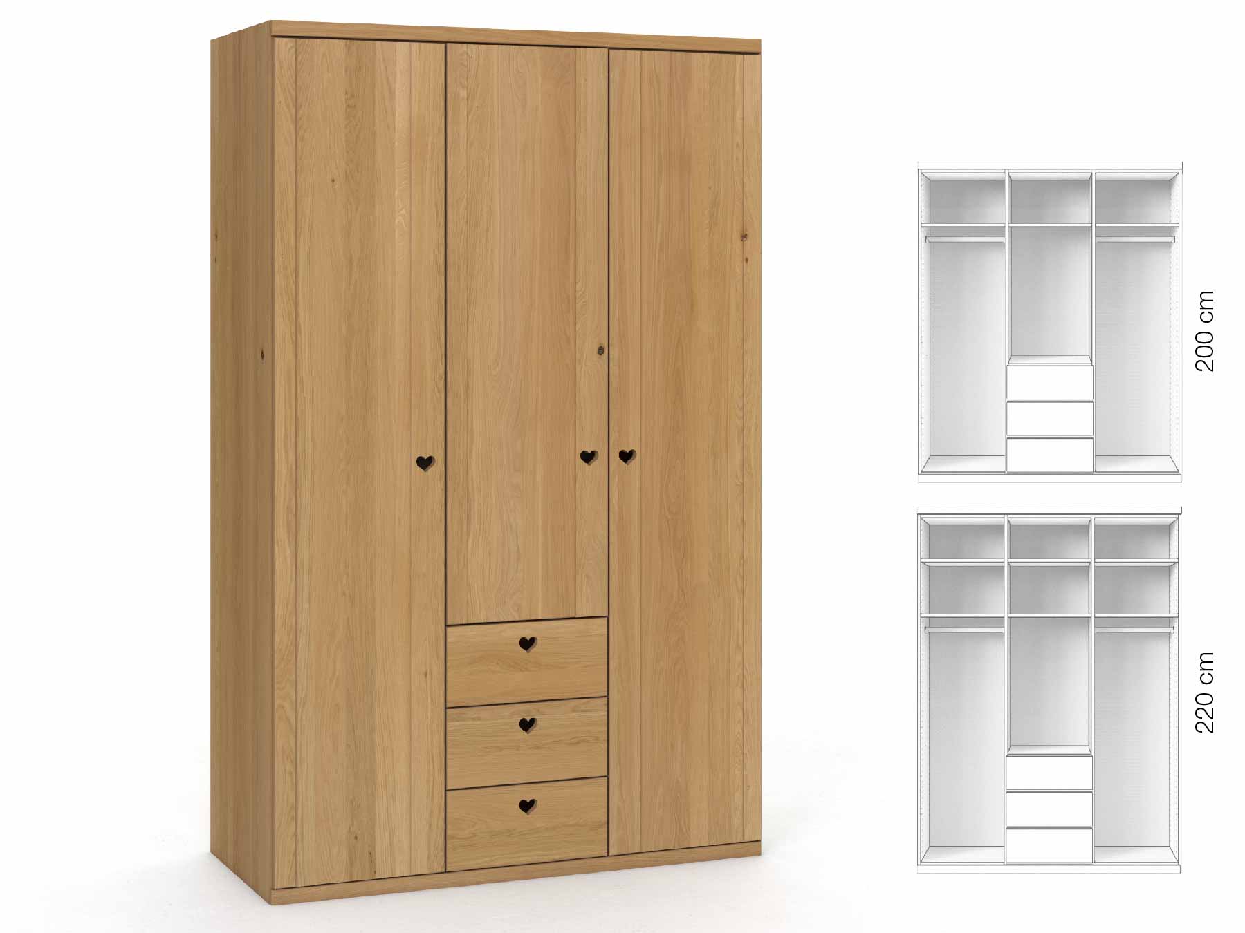 Eichenschrank Hell „Egon“, 3-türig, Höhe 220 cm, Griffausführung „Heidi“, Inneneinrichtung: E