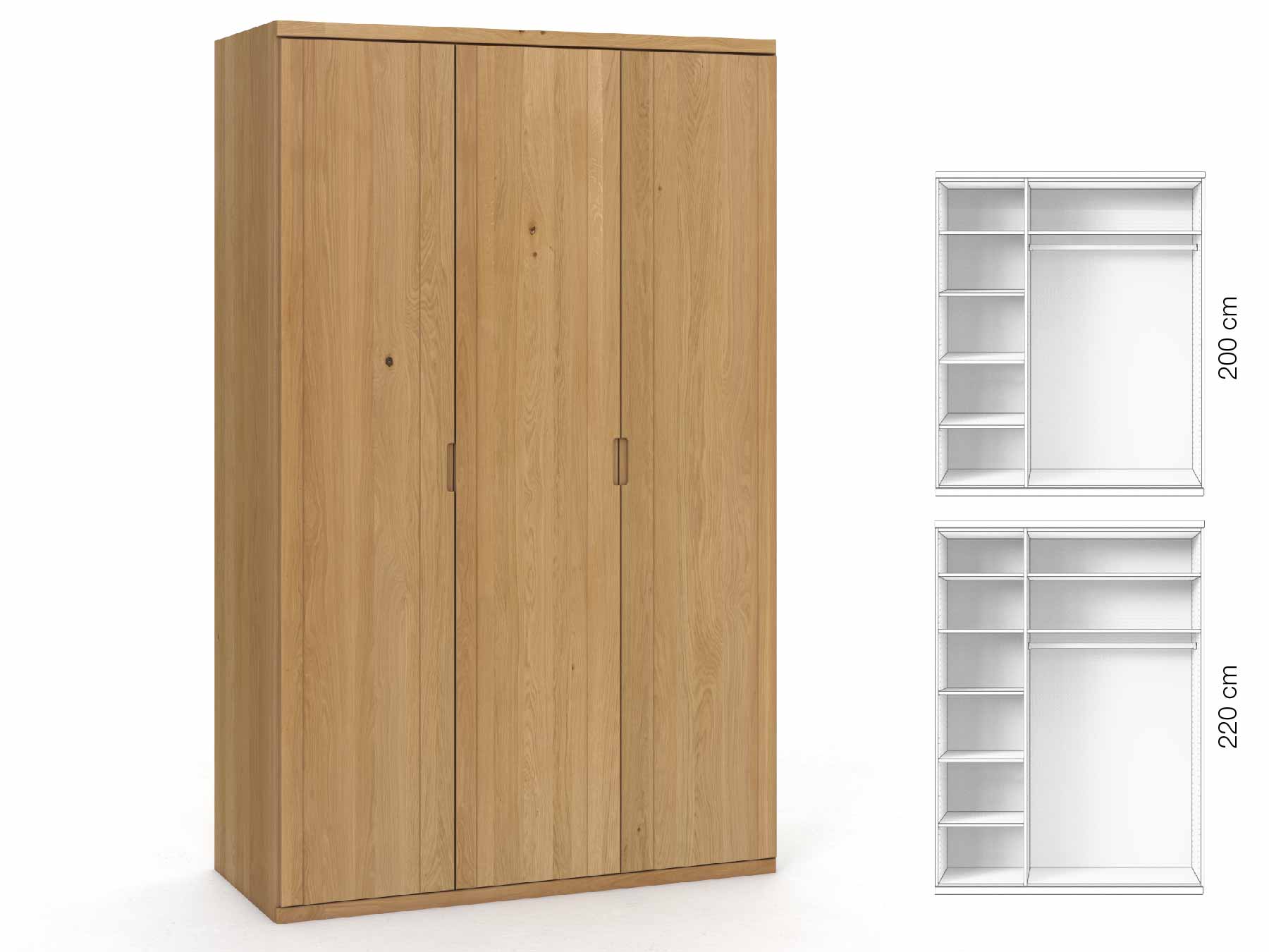 Eichenschrank Hell „Egon“, 3-türig, Höhe 220 cm, Griffausführung „Lukas“, Inneneinrichtung: B