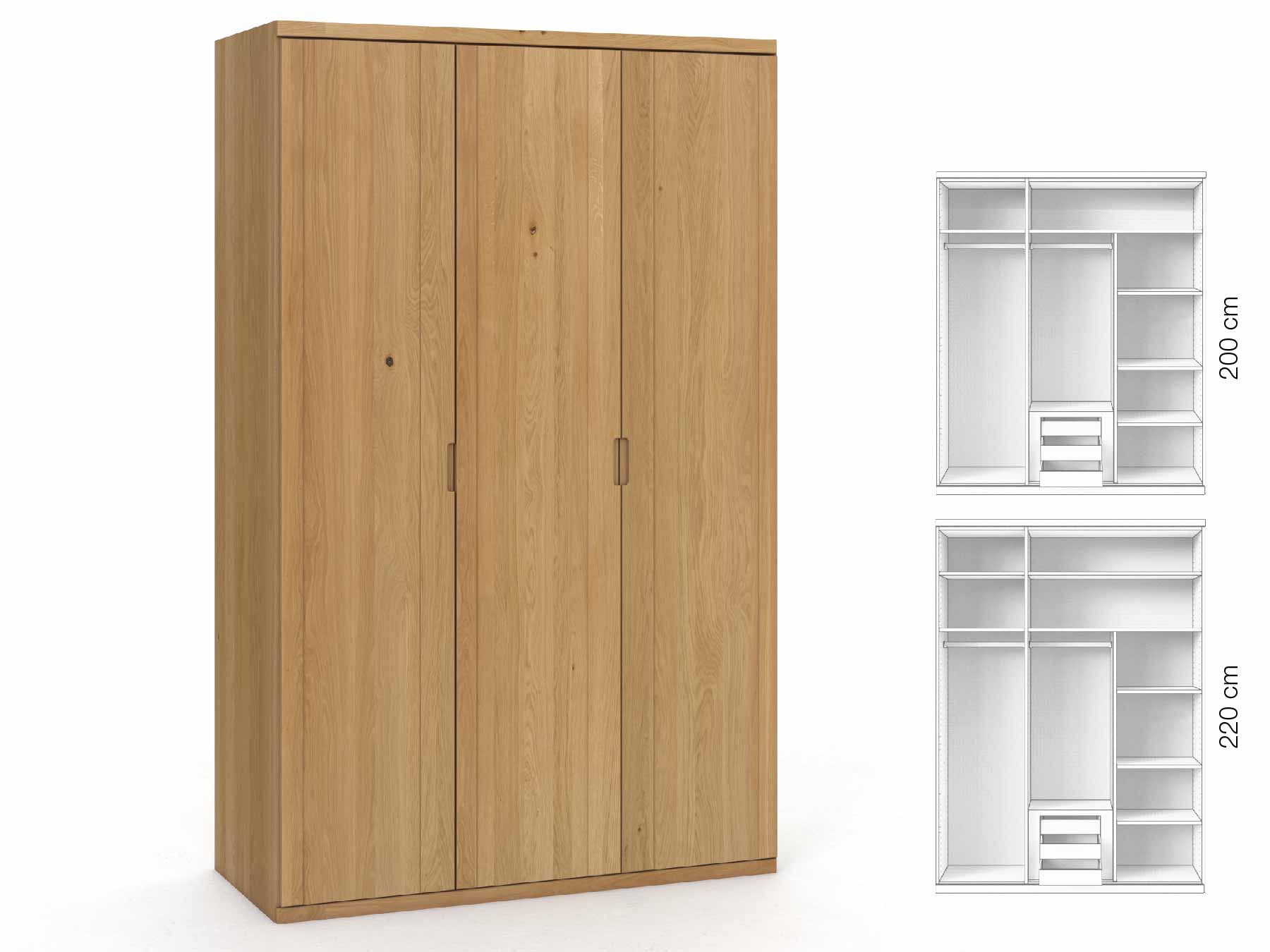 Eichenschrank Hell „Egon“, 3-türig, Höhe 220 cm, Griffausführung „Lukas“, Inneneinrichtung: D