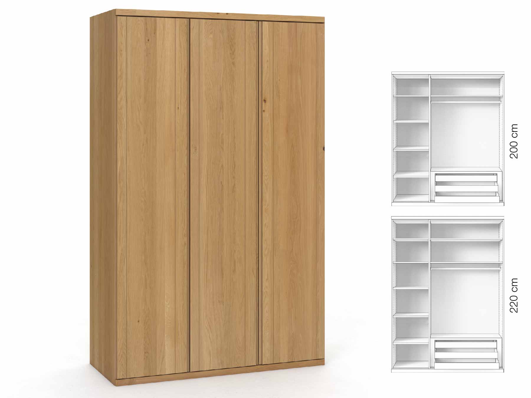 Eichenschrank Hell „Egon“, 3-türig, Höhe 220 cm, Griffausführung „Patrizia“, Inneneinrichtung: C