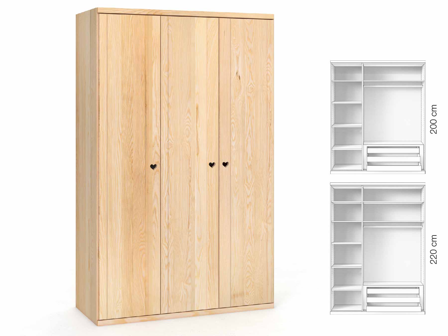 Eschenschrank „Egon“, 3-türig, Höhe 220 cm, Griffausführung „Heidi“, Inneneinrichtung: C