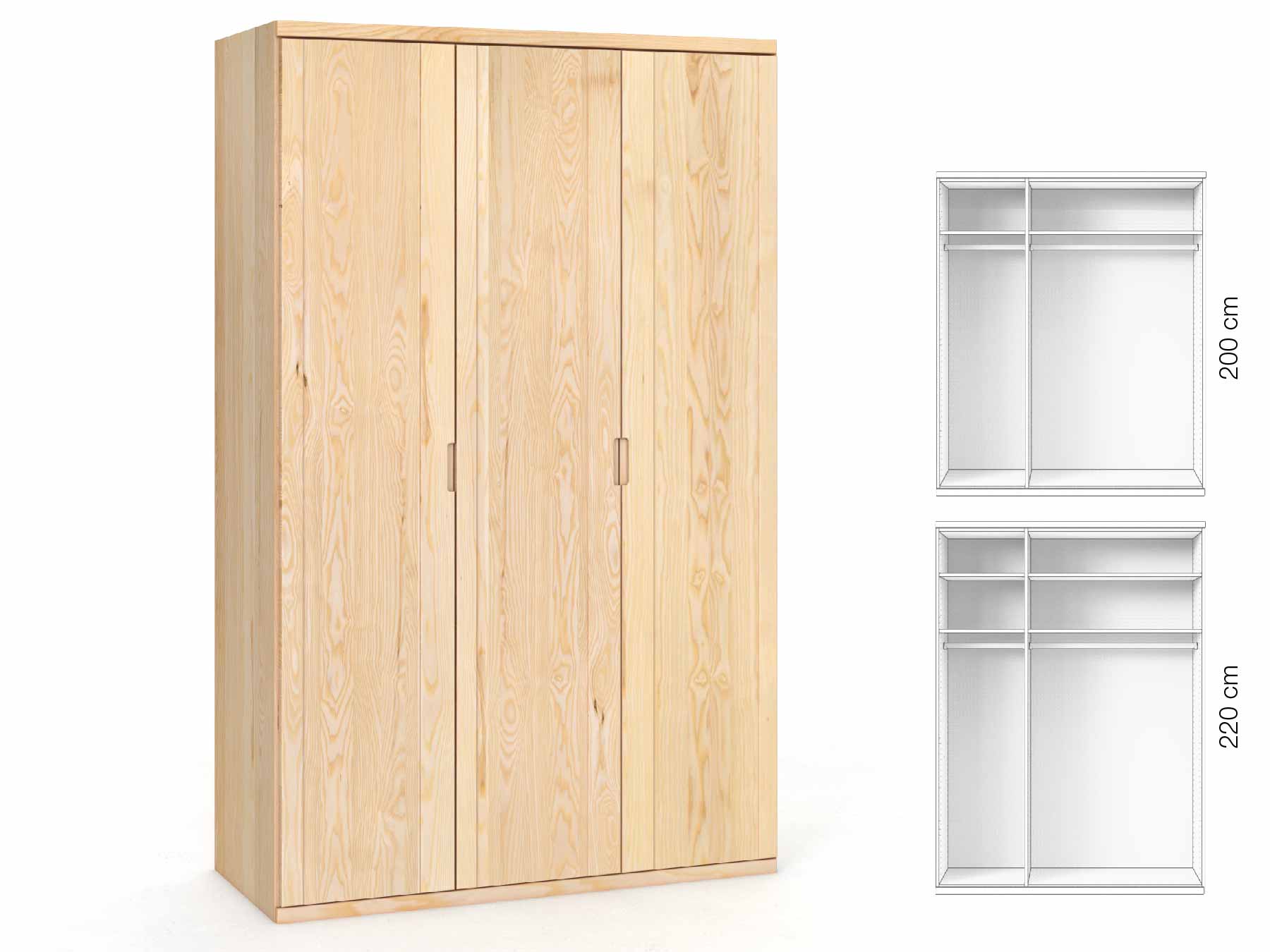 Eschenschrank „Egon“, 3-türig, Höhe 220 cm, Griffausführung „Lukas“, Inneneinrichtung: A