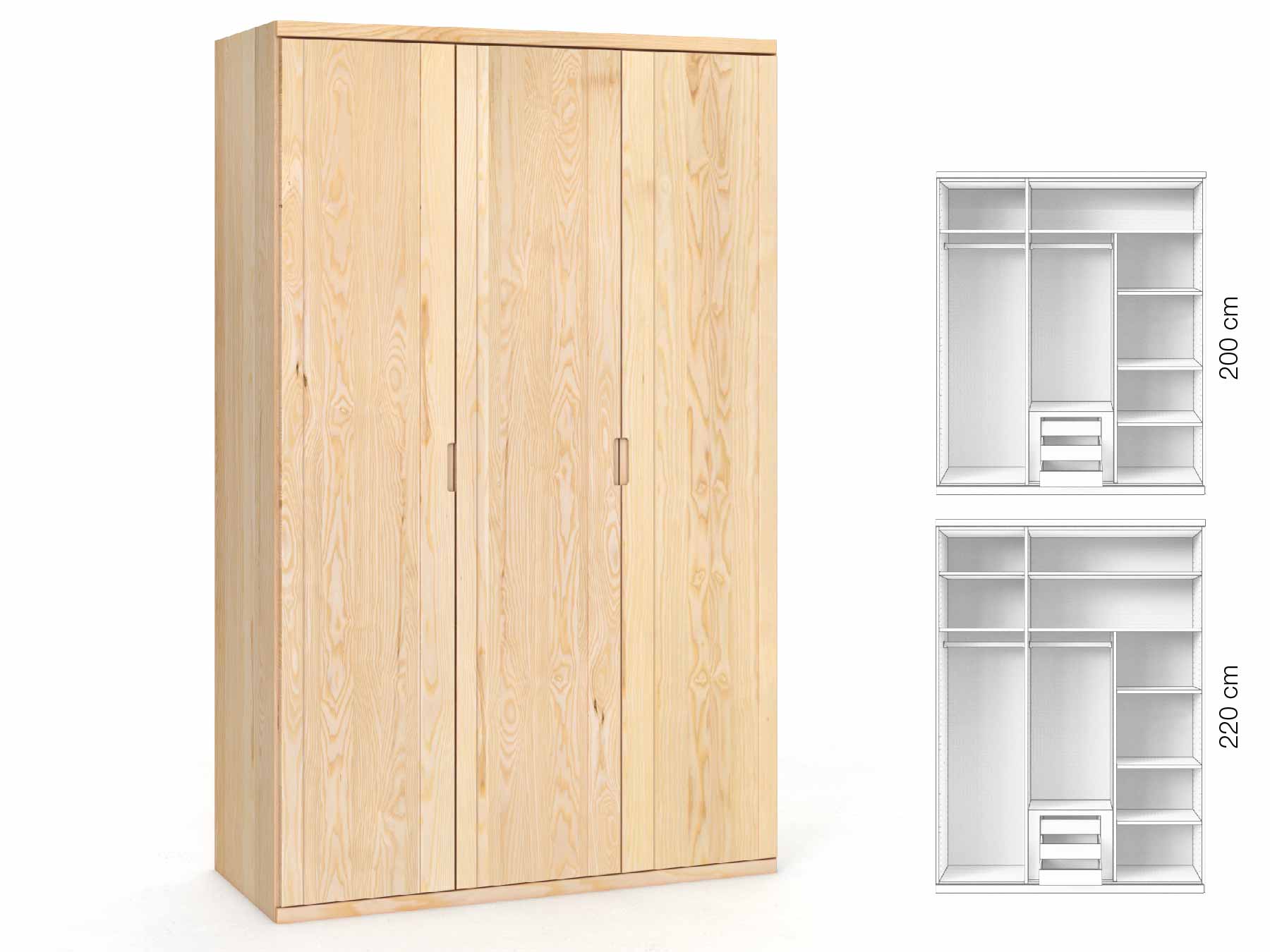 Eschenschrank „Egon“, 3-türig, Höhe 220 cm, Griffausführung „Lukas“, Inneneinrichtung: D