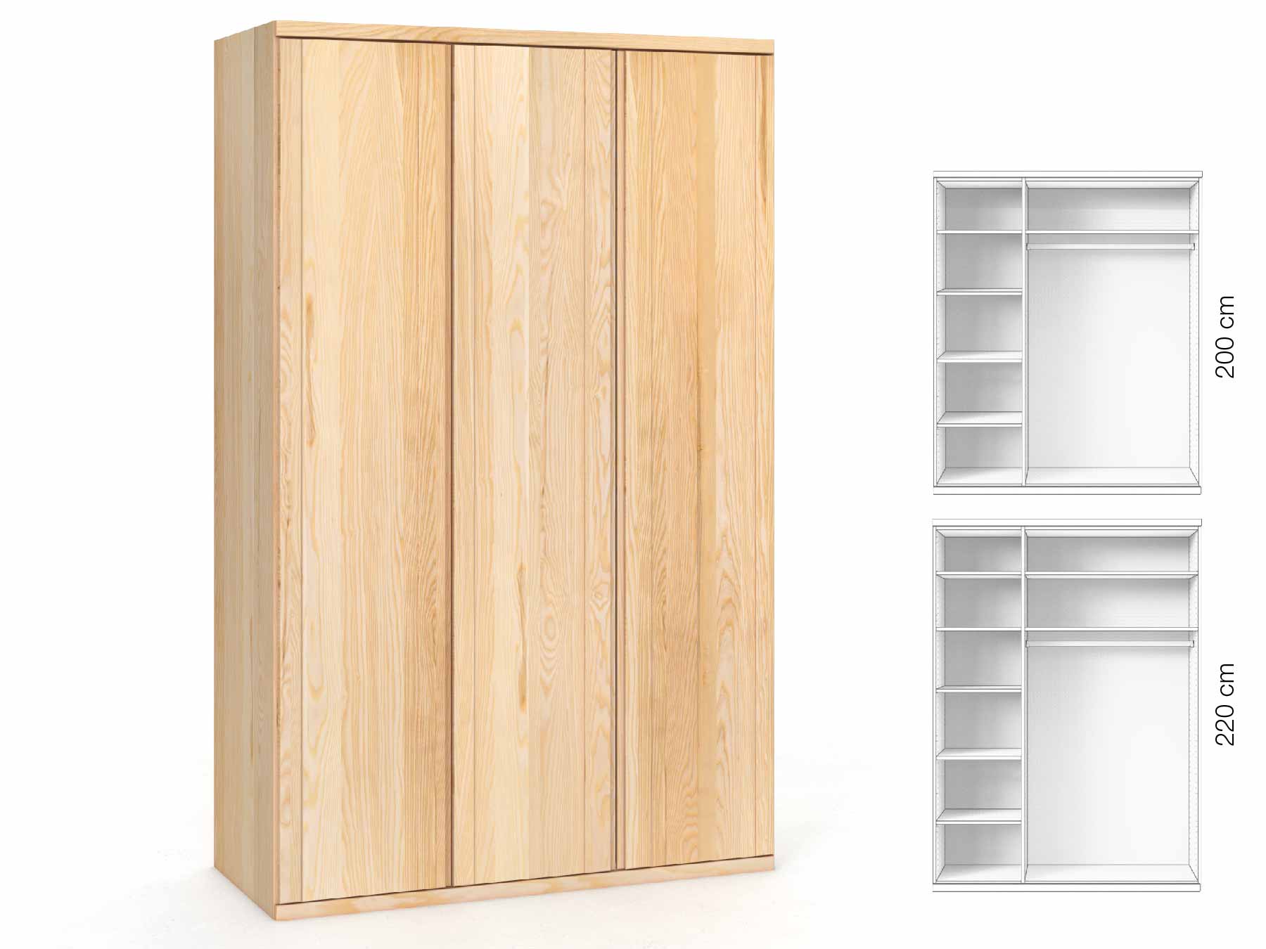 Eschenschrank „Egon“, 3-türig, Höhe 220 cm, Griffausführung „Patrizia“, Inneneinrichtung: B