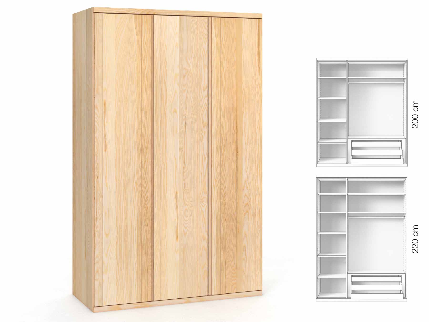 Eschenschrank „Egon“, 3-türig, Höhe 220 cm, Griffausführung „Patrizia“, Inneneinrichtung: C