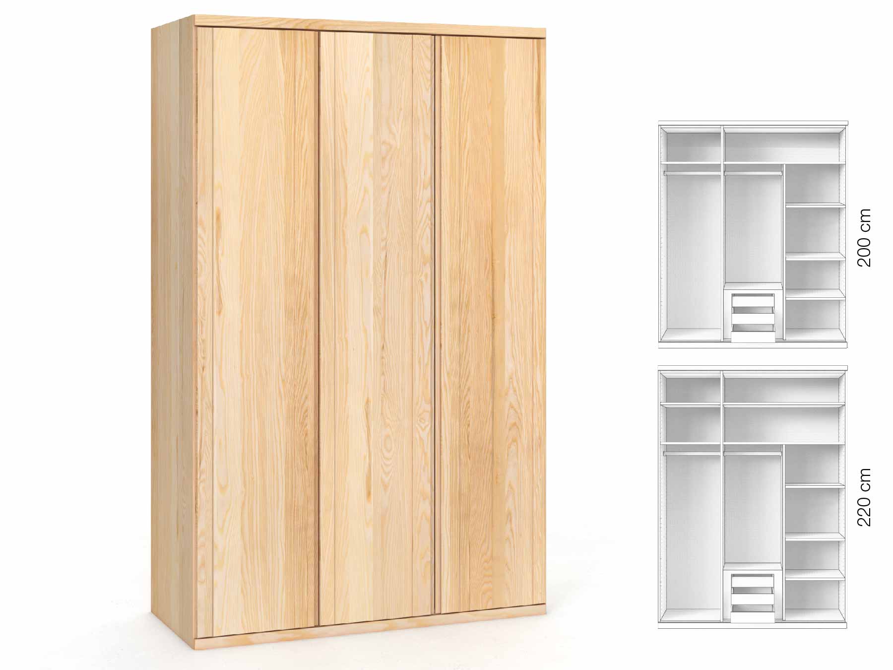 Eschenschrank „Egon“, 3-türig, Höhe 220 cm, Griffausführung „Patrizia“, Inneneinrichtung: D