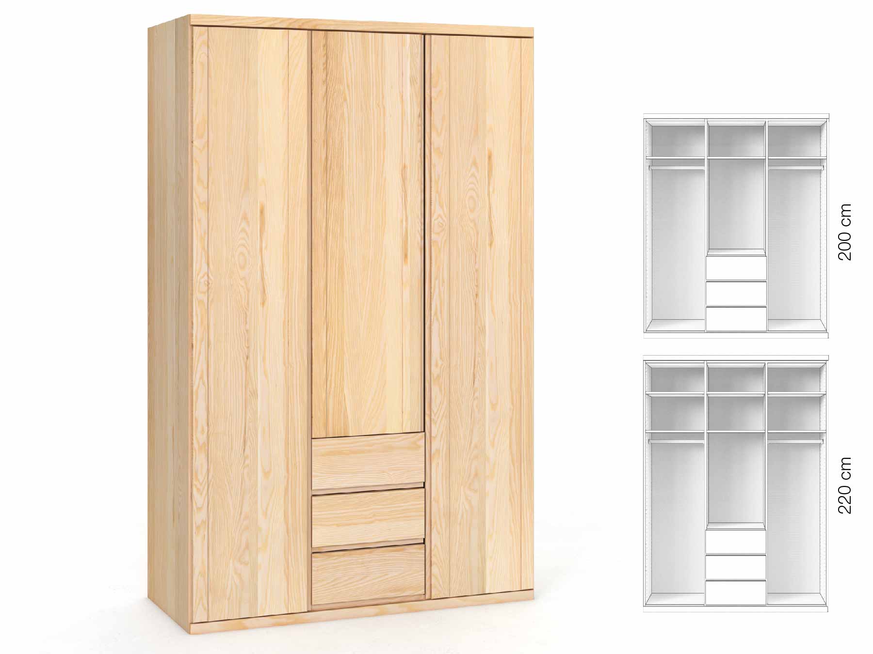 Eschenschrank „Egon“, 3-türig, Höhe 220 cm, Griffausführung „Patrizia“, Inneneinrichtung: E