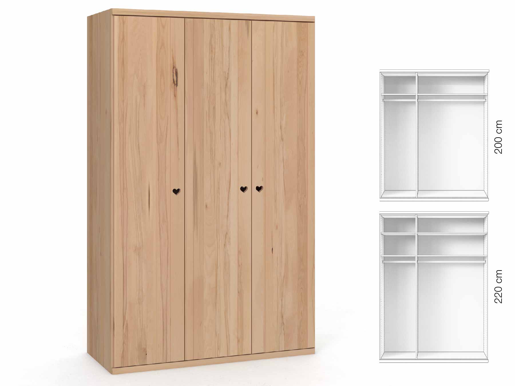 Buchenschrank „Egon“, 3-türig, Höhe 220 cm, Griffausführung „Heidi“, Inneneinrichtung: A