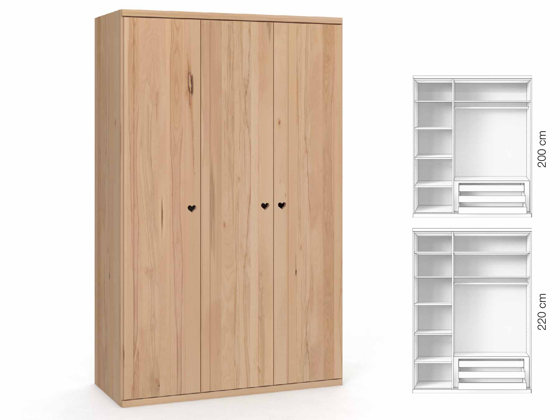 Buchenschrank „Egon“, 3-türig, Höhe 220 cm, Griffausführung „Heidi“, Inneneinrichtung: C