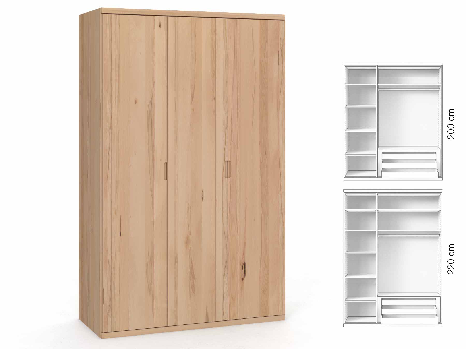 Buchenschrank „Egon“, 3-türig, Höhe 220 cm, Griffausführung „Lukas“, Inneneinrichtung: C