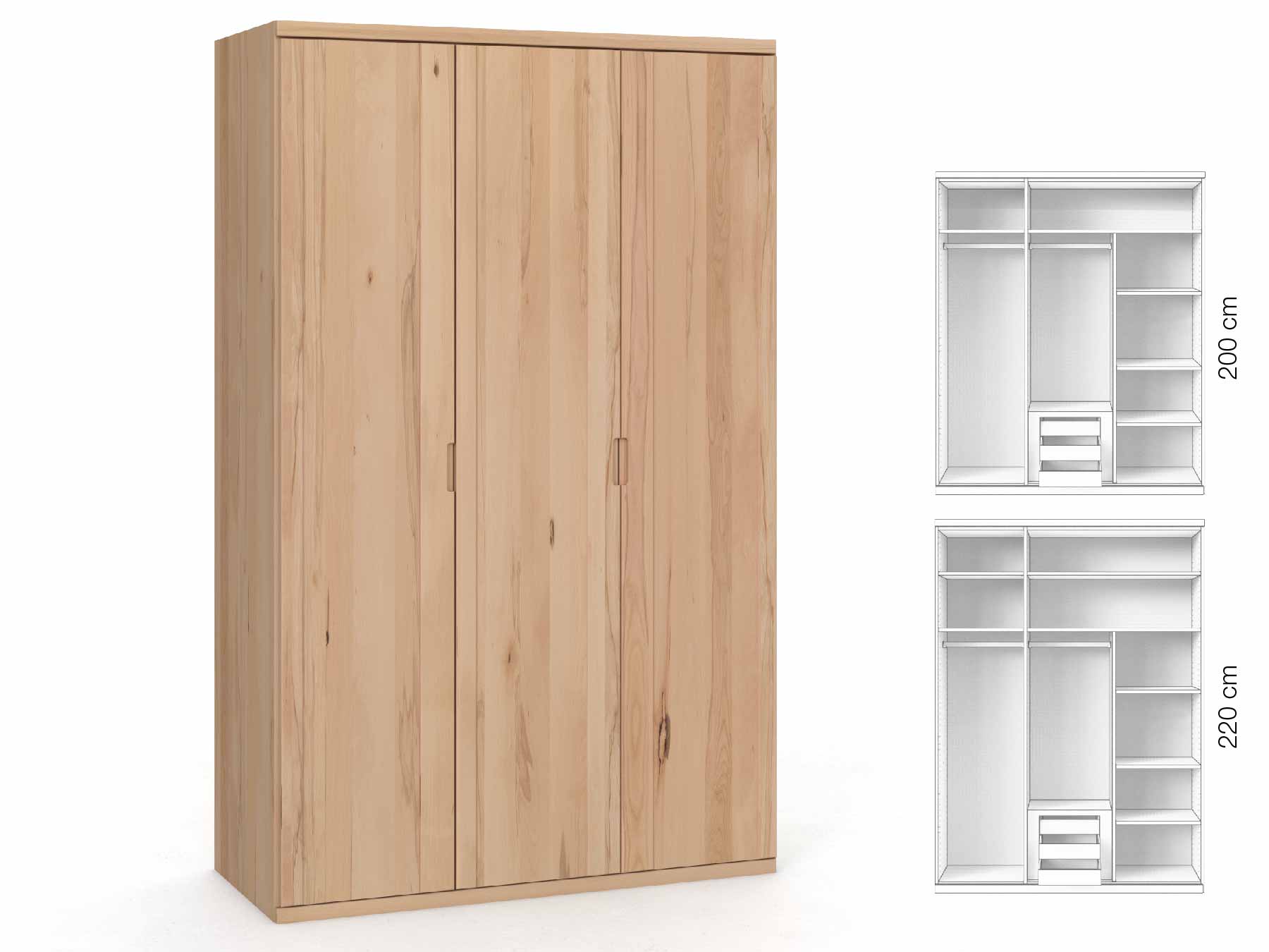 Buchenschrank „Egon“, 3-türig, Höhe 220 cm, Griffausführung „Lukas“, Inneneinrichtung: D