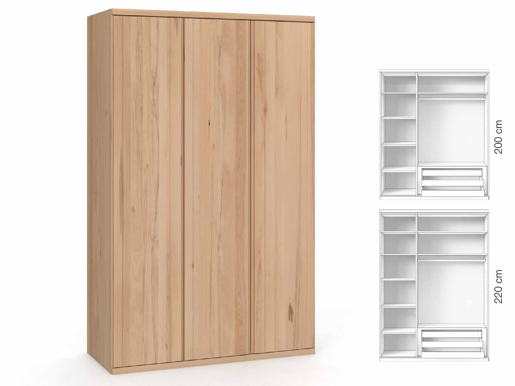 Buchenschrank „Egon“, 3-türig, Höhe 220 cm, Griffausführung „Patrizia“, Inneneinrichtung: C