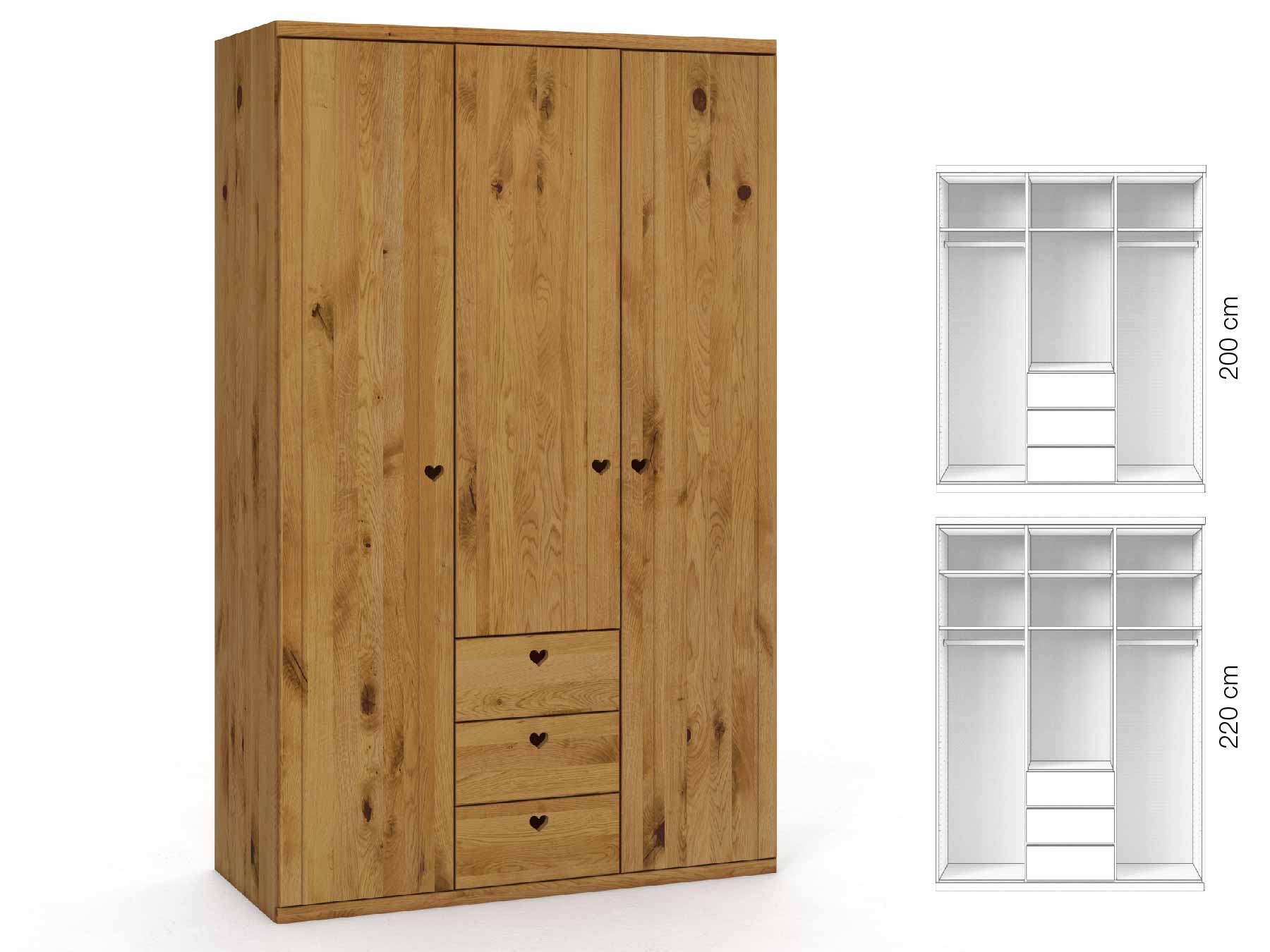 Wildeichenschrank „Egon“, 3-türig, Höhe 220 cm, Griffausführung „Heidi“, Inneneinrichtung: E