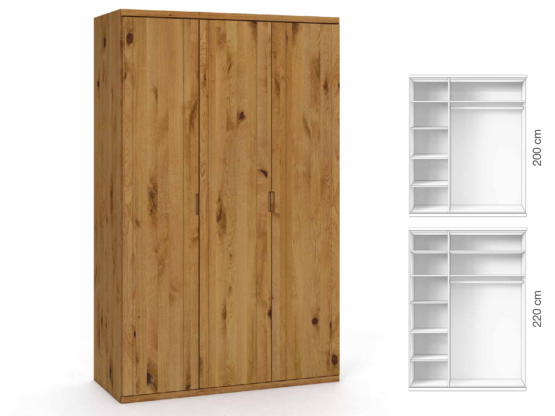 Wildeichenschrank „Egon“, 3-türig, Höhe 220 cm, Griffausführung „Lukas“, Inneneinrichtung: B