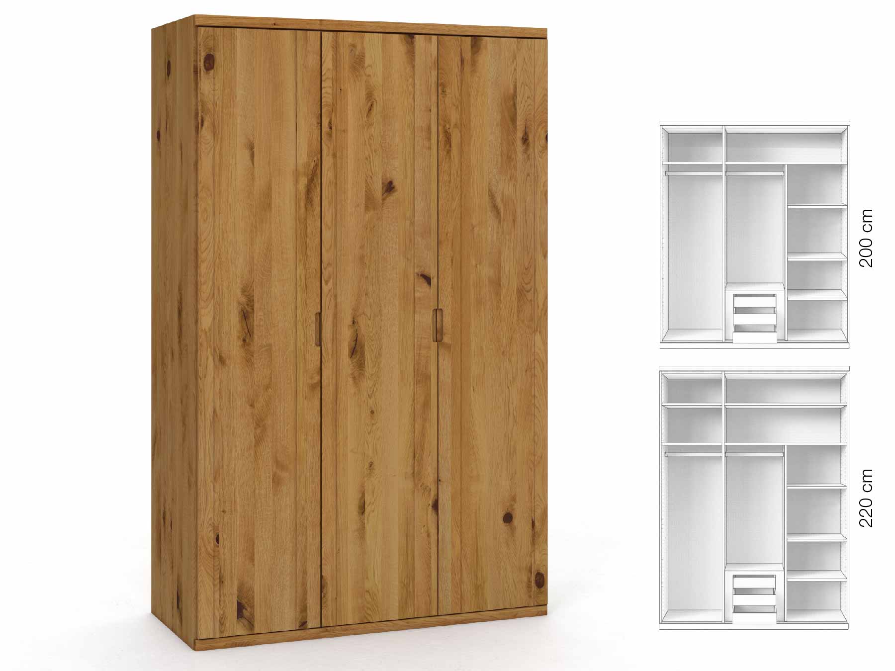 Wildeichenschrank „Egon“, 3-türig, Höhe 220 cm, Griffausführung „Lukas“, Inneneinrichtung: D