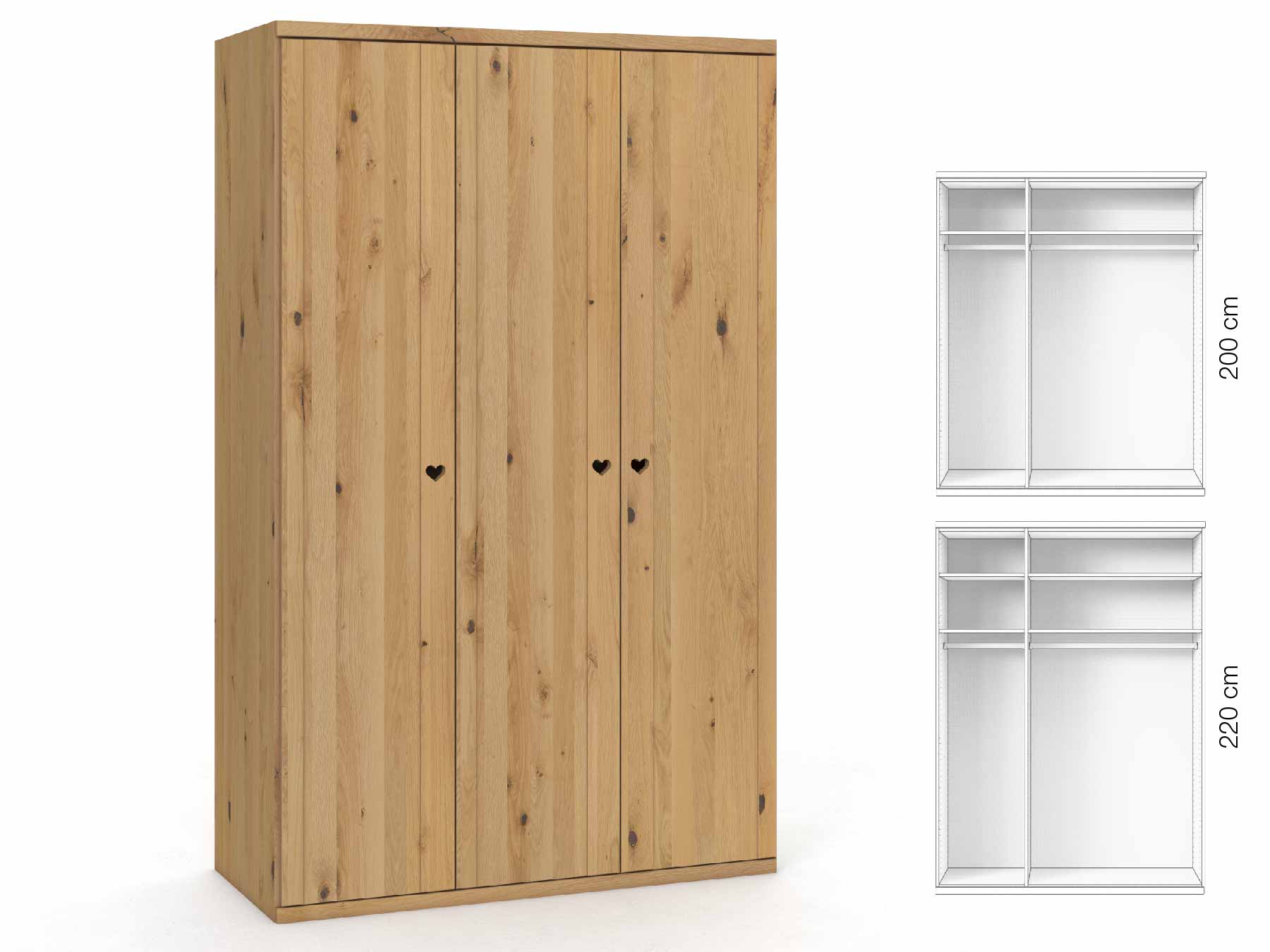 Wildeichenschrank Hell „Egon“, 3-türig, Höhe 220 cm, Griffausführung „Heidi“, Inneneinrichtung: A