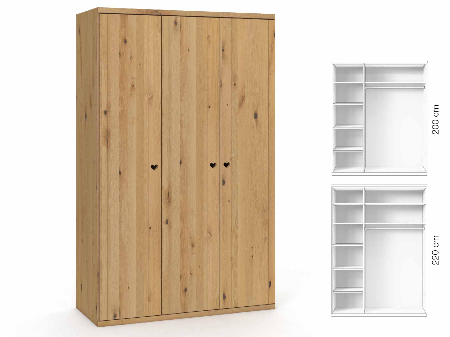 Wildeichenschrank Hell „Egon“, 3-türig, Höhe 220 cm, Griffausführung „Heidi“, Inneneinrichtung: B