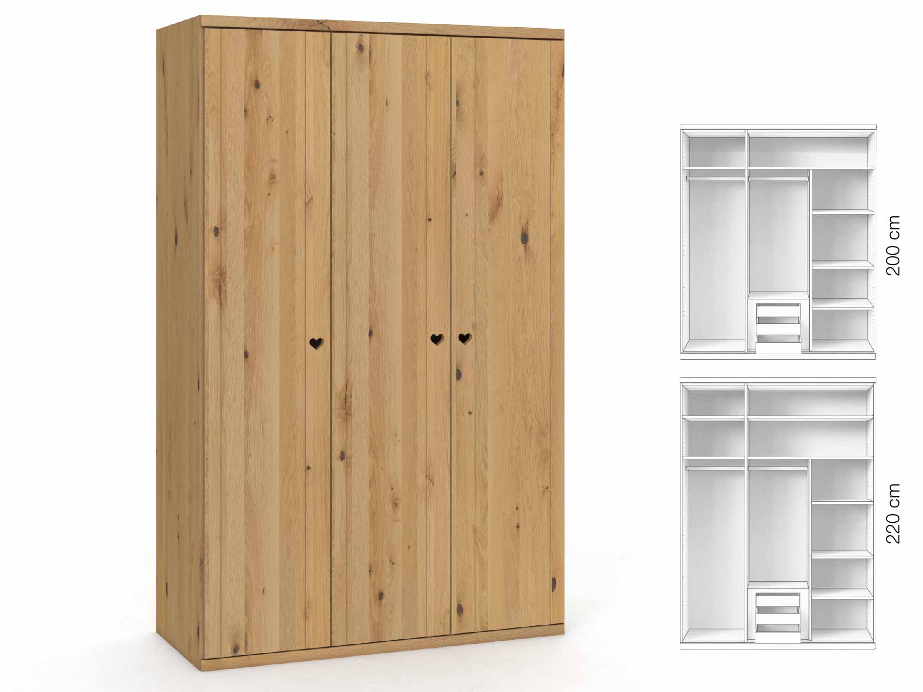 Wildeichenschrank Hell „Egon“, 3-türig, Höhe 220 cm, Griffausführung „Heidi“, Inneneinrichtung: D