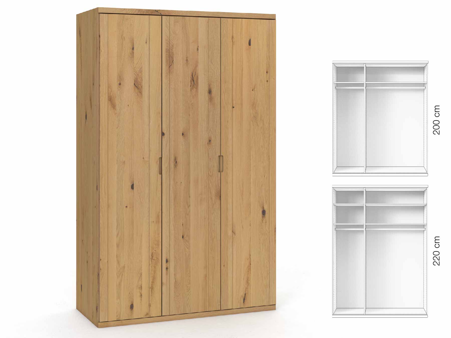 Wildeichenschrank Hell „Egon“, 3-türig, Höhe 220 cm, Griffausführung „Lukas“, Inneneinrichtung: A