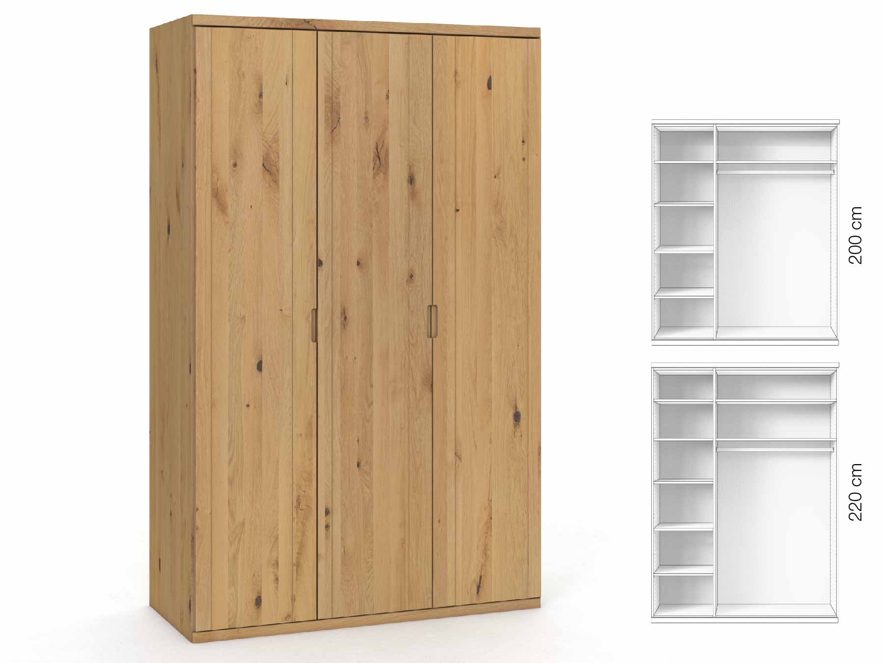 Wildeichenschrank Hell „Egon“, 3-türig, Höhe 220 cm, Griffausführung „Lukas“, Inneneinrichtung: B