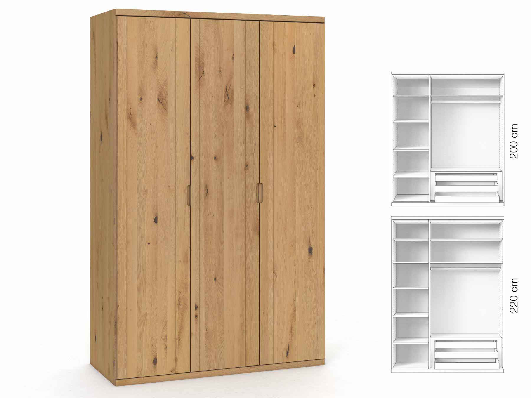 Wildeichenschrank Hell „Egon“, 3-türig, Höhe 220 cm, Griffausführung „Lukas“, Inneneinrichtung: C