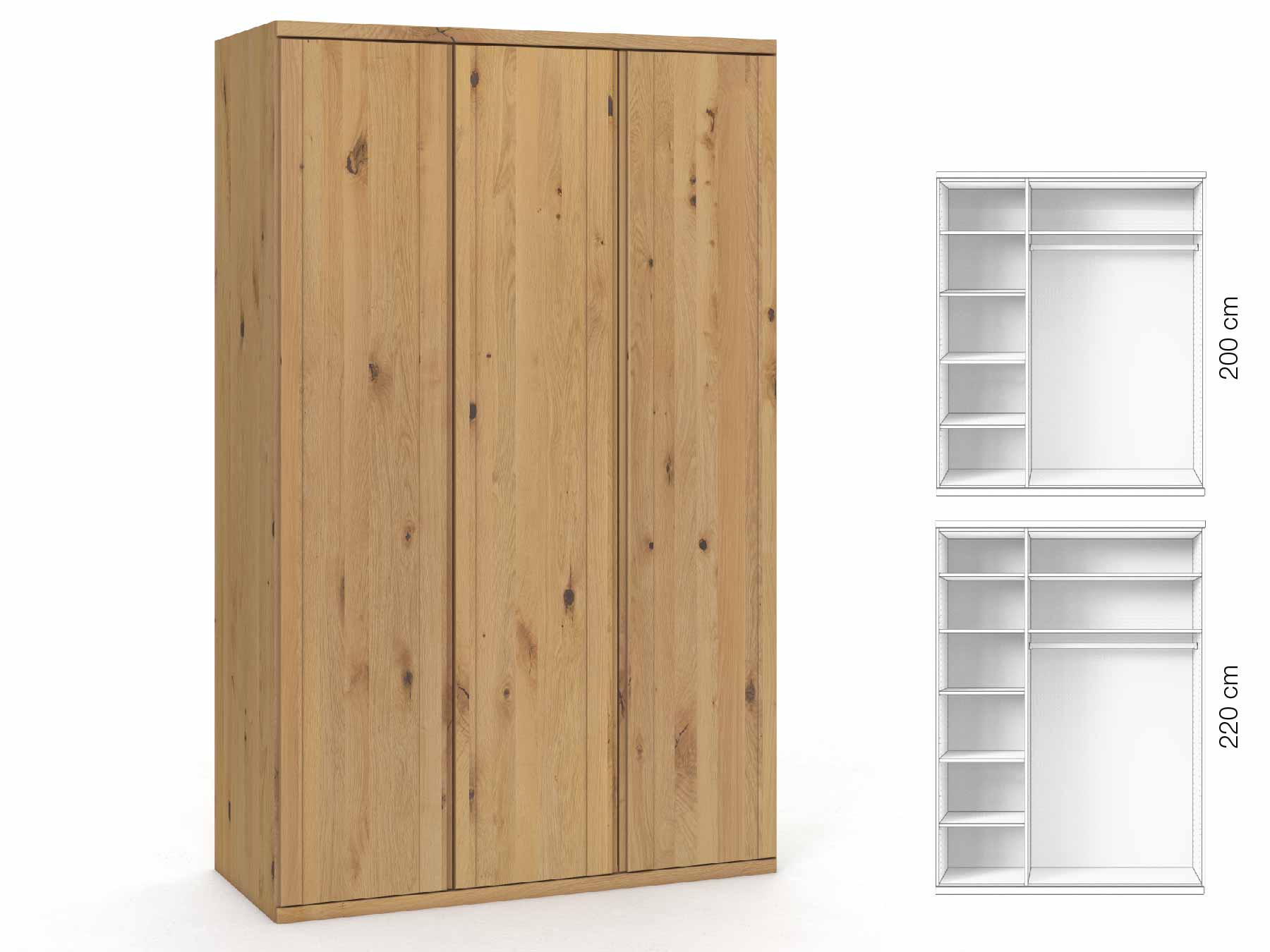 Wildeichenschrank Hell „Egon“, 3-türig, Höhe 220 cm, Griffausführung „Patrizia“, Inneneinrichtung: B