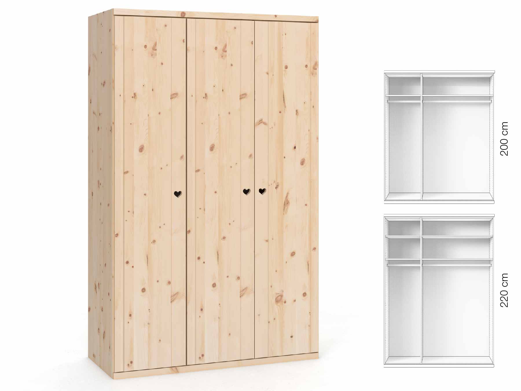 Zirbenschrank „Egon“, 3-türig, Höhe 220 cm, Griffausführung „Heidi“, Inneneinrichtung: A