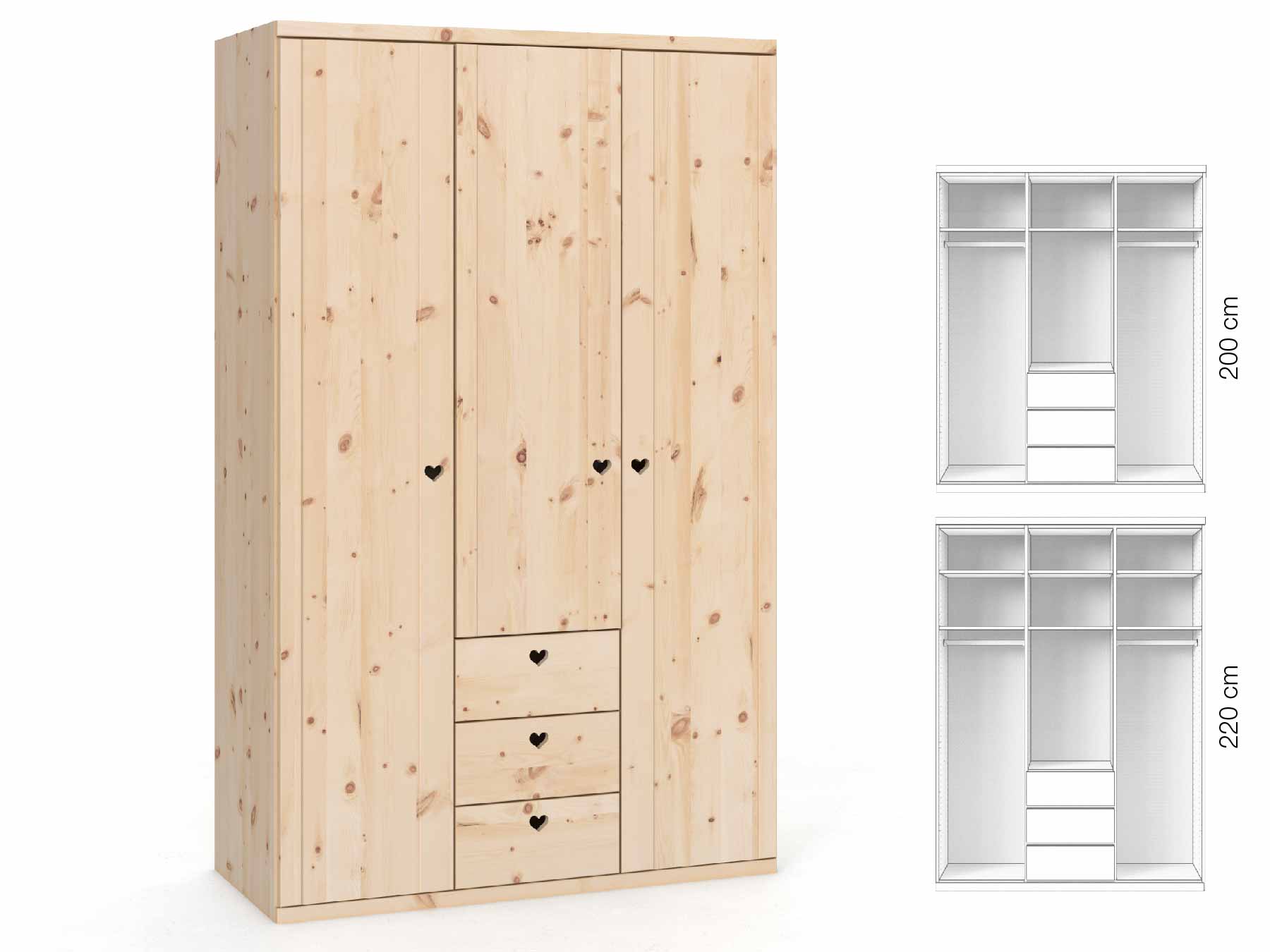 Zirbenschrank „Egon“, 3-türig, Höhe 220 cm, Griffausführung „Heidi“, Inneneinrichtung: E