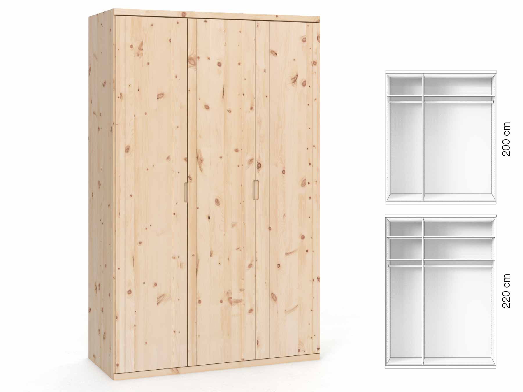 Zirbenschrank „Egon“, 3-türig, Höhe 220 cm, Griffausführung „Lukas“, Inneneinrichtung: A