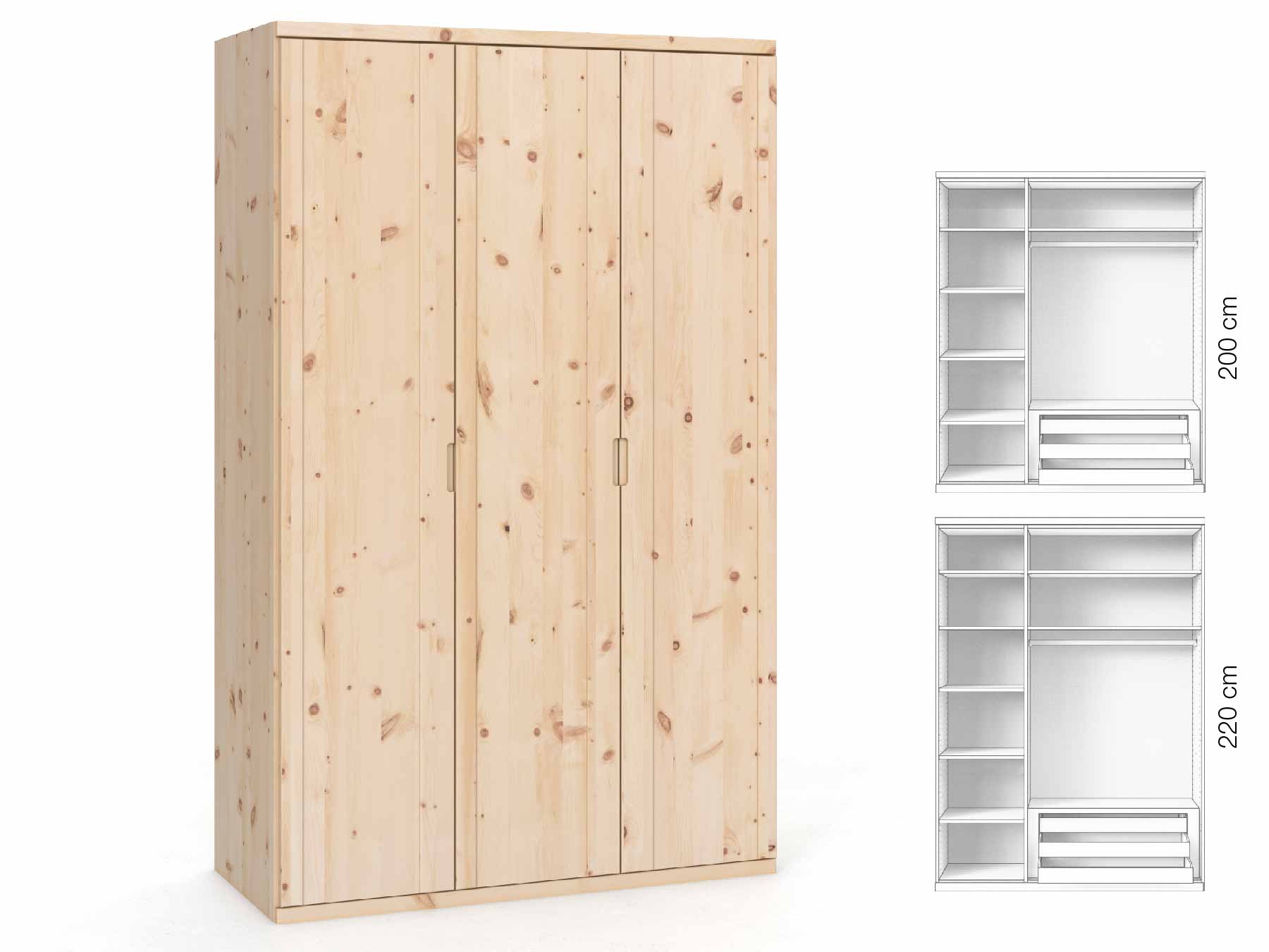 Zirbenschrank „Egon“, 3-türig, Höhe 220 cm, Griffausführung „Lukas“, Inneneinrichtung: C