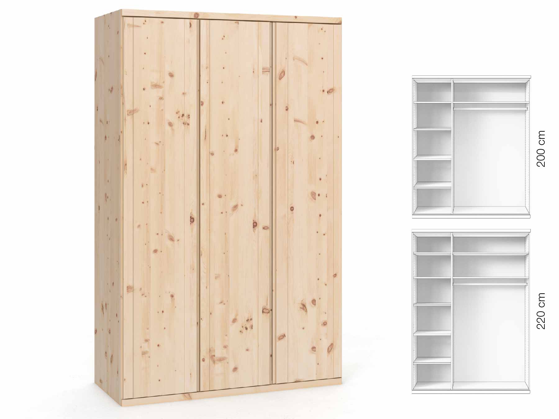 Zirbenschrank „Egon“, 3-türig, Höhe 220 cm, Griffausführung „Patrizia“, Inneneinrichtung: B