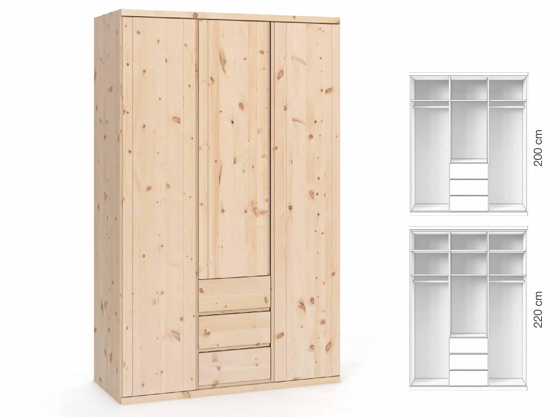 Zirbenschrank „Egon“, 3-türig, Höhe 220 cm, Griffausführung „Patrizia“, Inneneinrichtung: E