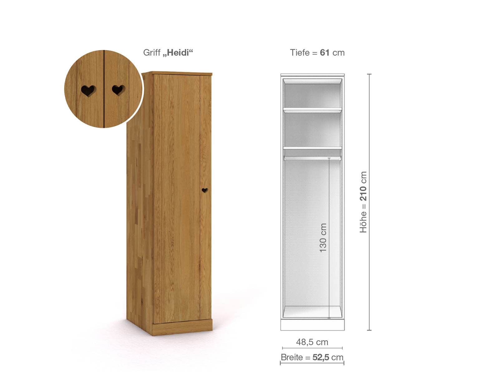 Eichenschrank „Arnika“, 1-türig, Höhe 210 cm, Griffausführung „Heidi“, Inneneinrichtung A, Türanschlag links