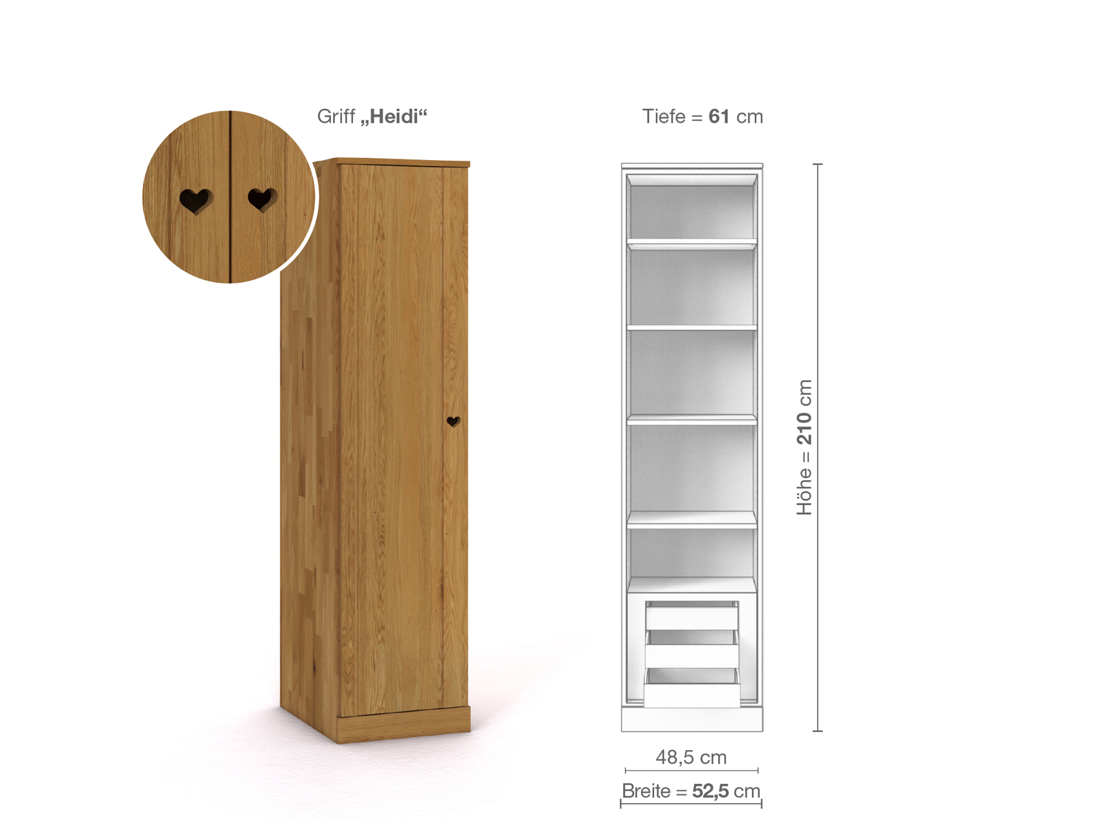 Eichenschrank „Arnika“, 1-türig, Höhe 210 cm, Griffausführung „Heidi“, Inneneinrichtung C, Türanschlag links