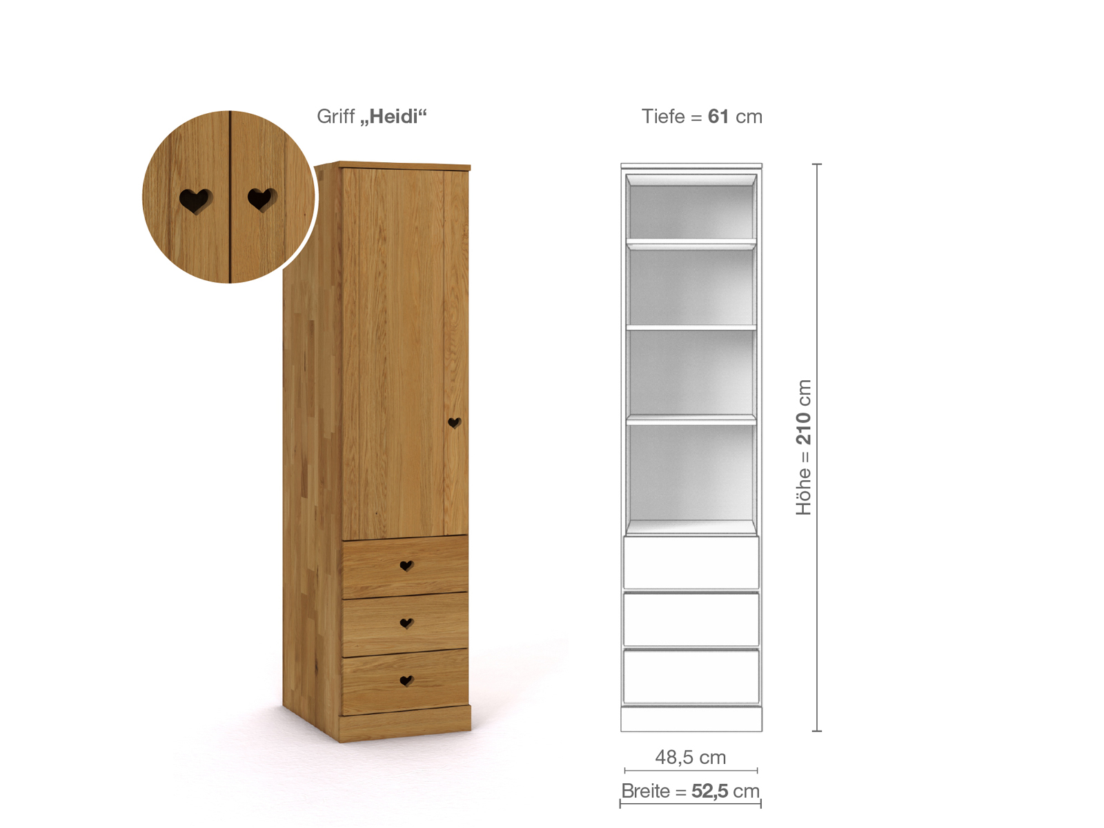 Eichenschrank „Arnika“, 1-türig, Höhe 210 cm, Griffausführung „Heidi“, Inneneinrichtung D, Türanschlag links