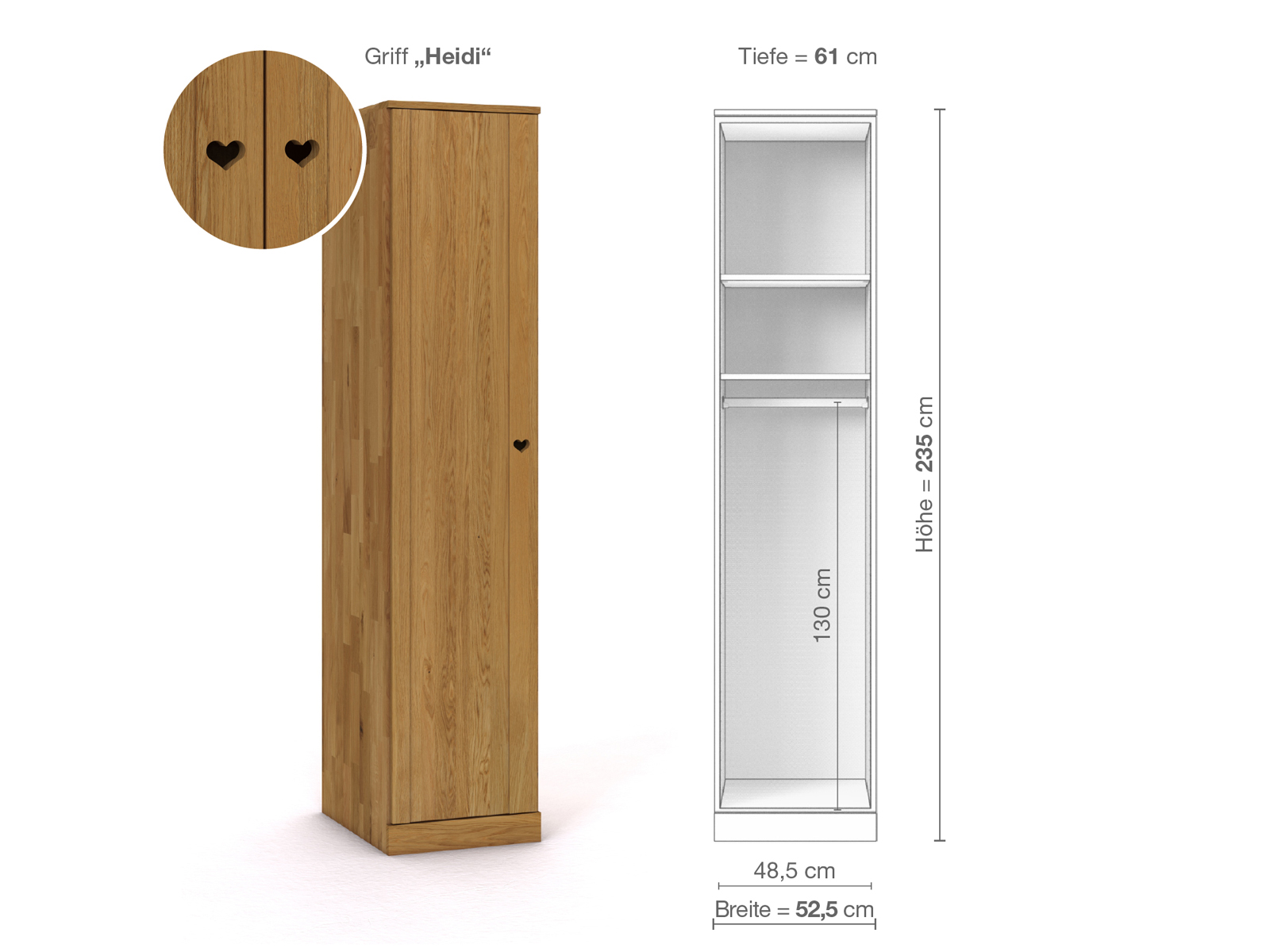 Eichenschrank „Arnika“, 1-türig, Höhe 235 cm, Griffausführung „Heidi“, Inneneinrichtung A, Türanschlag links