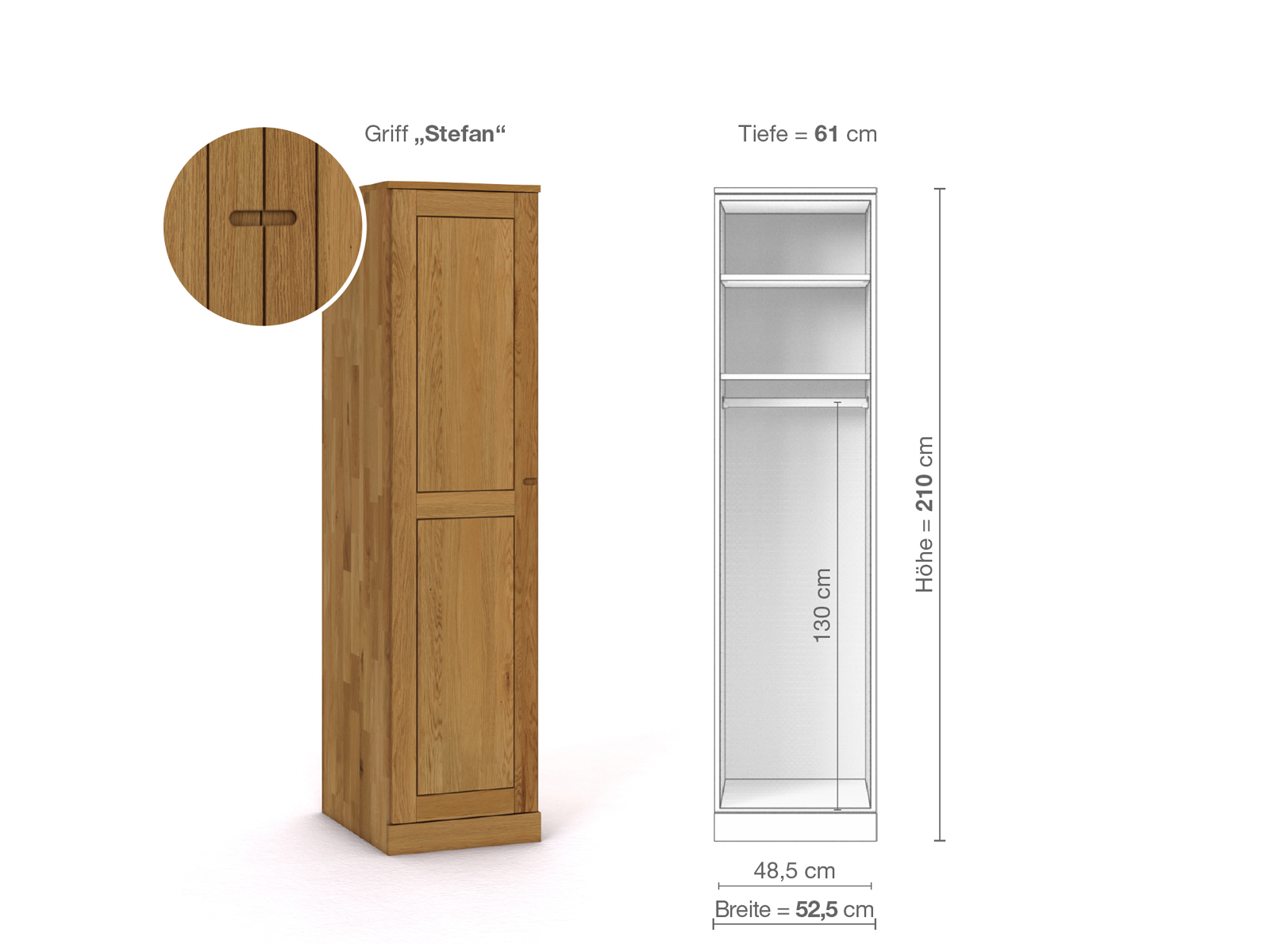 Eichenschrank „Edelweiß“, 1-türig, Höhe 210 cm, Griffausführung „Stefan“, Inneneinrichtung A, Türanschlag links