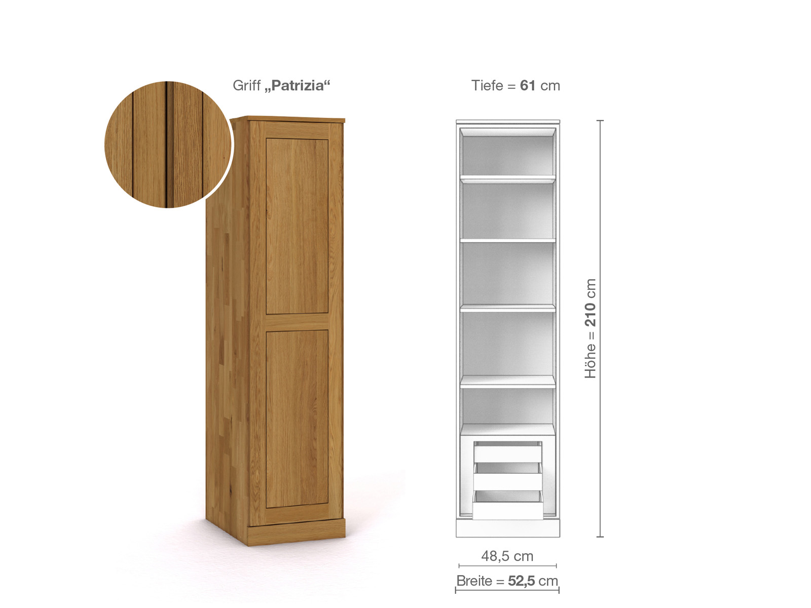 Eichenschrank „Edelweiß“, 1-türig, Höhe 210 cm, Griffausführung „Patrizia“, Inneneinrichtung C, Türanschlag links