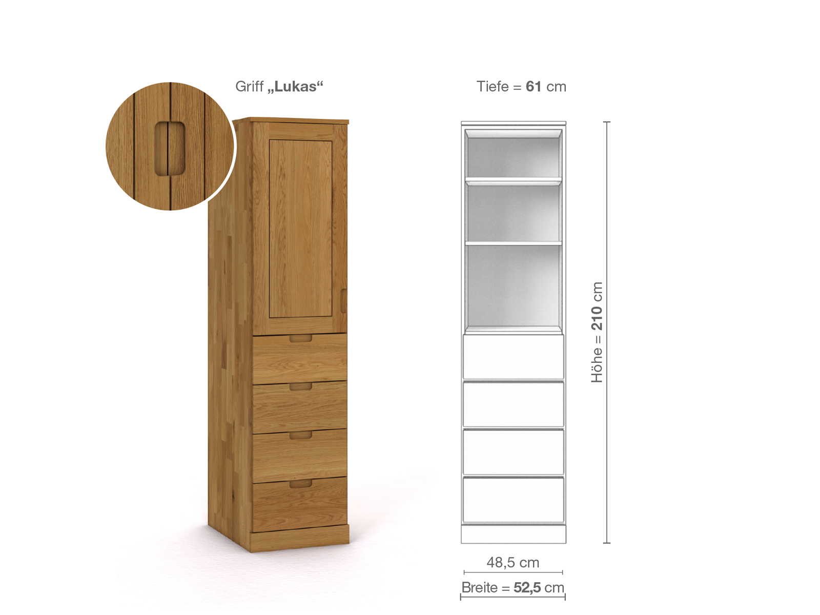 Eichenschrank „Edelweiß“, 1-türig, Höhe 210 cm, Griffausführung „Lukas“, Inneneinrichtung D, Türanschlag links