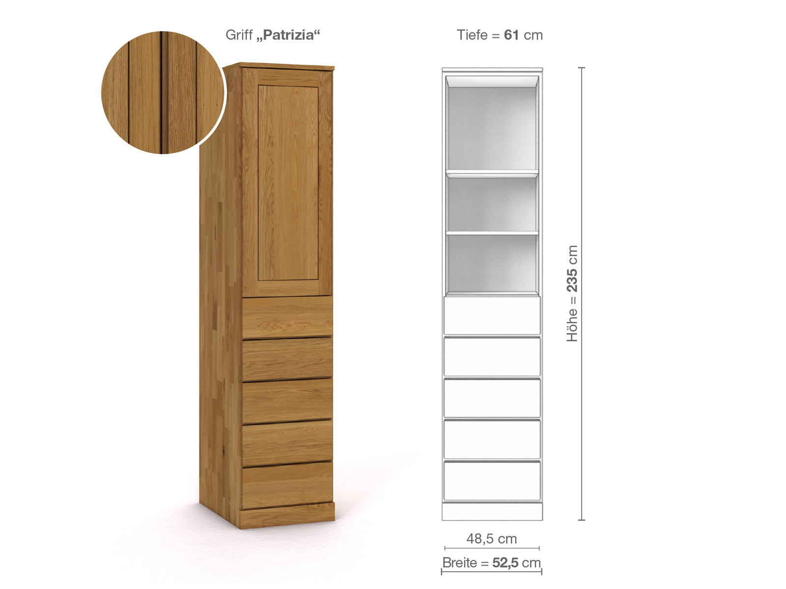 Eichenschrank „Edelweiß“, 1-türig, Höhe 235 cm, Griffausführung „Patrizia“, Inneneinrichtung D, Türanschlag links