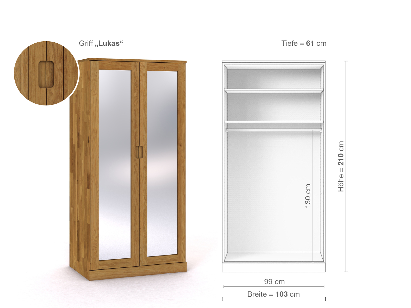 Eichenschrank „Alpenrose“, 2-türig, Höhe 210 cm, Griffausführung „Lukas“, Inneneinrichtung A